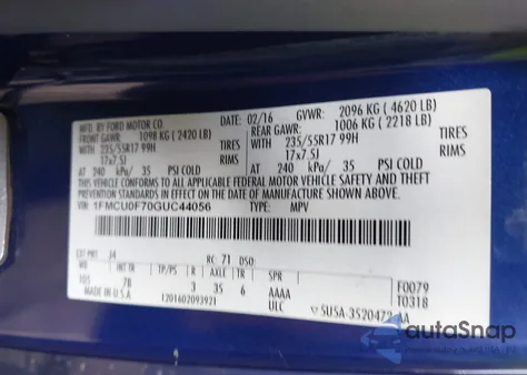 2016 Ford Escape S from USA, damaged, VIN 1FMCU0F70GUC44056